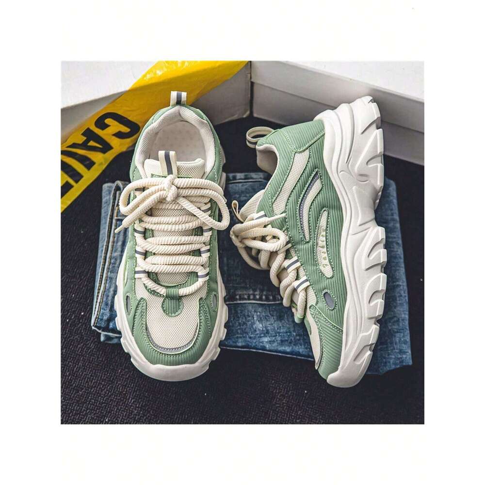 Ddmyoutdoor Men S Trendy Casual Sports Chunky Shoes Fashionable Breathable Lightweight Walking Shoes With Lace Green Colormatch