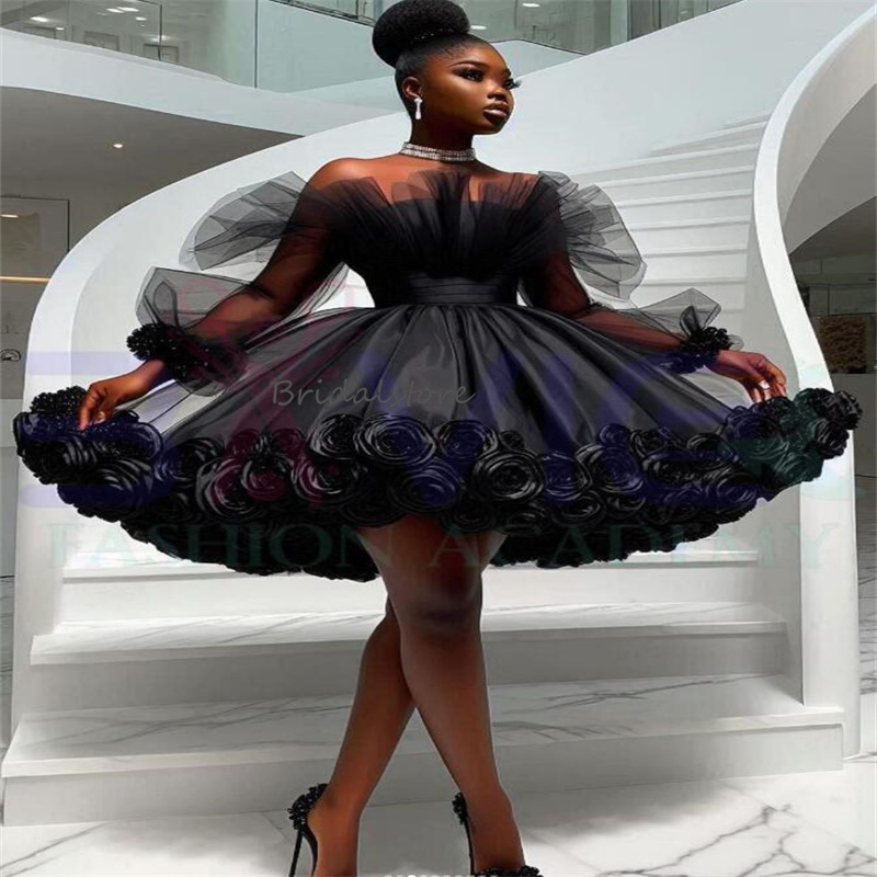 Gorgeous Short Prom Dresses Puffy Elegant Off Shoulders Long Sleeve Aso Ebi Rose Florals Evening Dress African Cocktail Dress Formal Birthday Ceremony