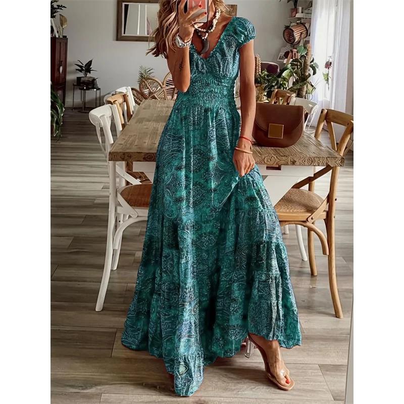 Boho floral print ruffle neck long dress-WOMENS summer swing dress 240529