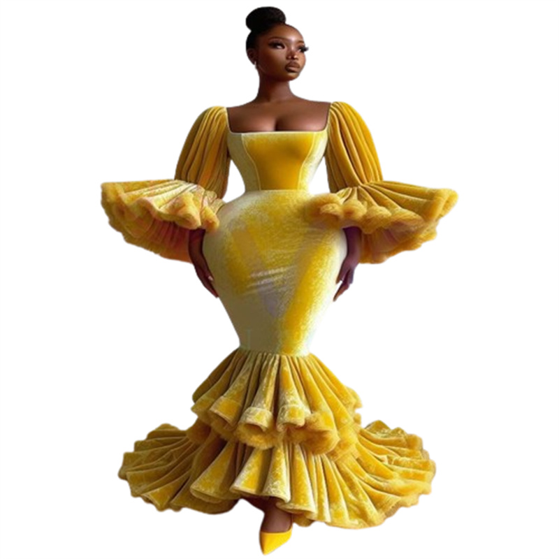 Amazing Yellow Flamenco Prom Dresses For Black Girls Elegant Square Neckling Puff Sleeve Mermaid Evening Gowns Velvet African Nigeria Aso Ebi Formal B