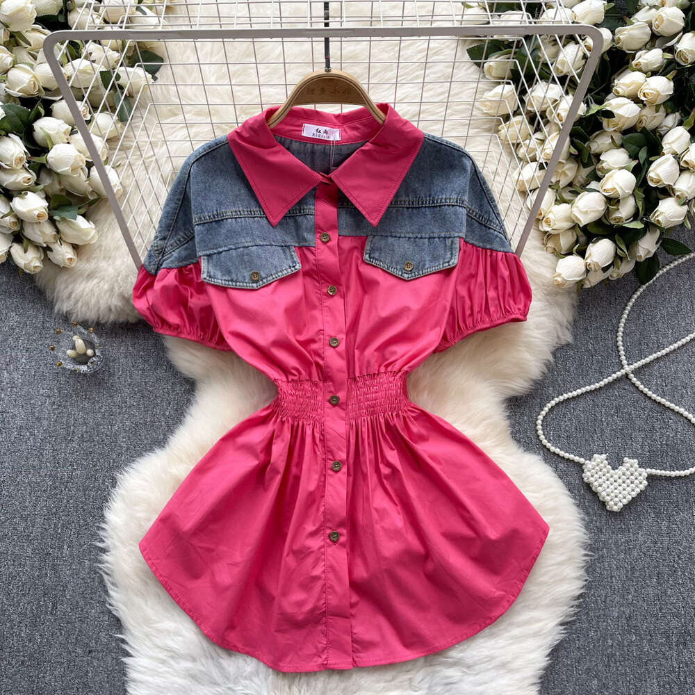 Korean version of womens clothing design with contrasting color patchwork age reducing bubble sleeves elastic waistband for slimming fashionable and v