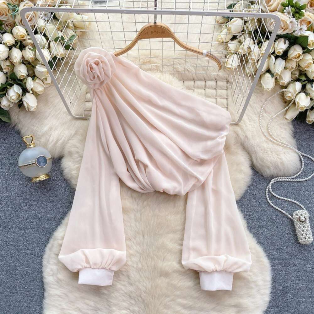 Chiffon shirt for women in 2024 new design sense three-dimensional flower diagonal collar off shoulder bubble sleeve French top womens spring fashion 