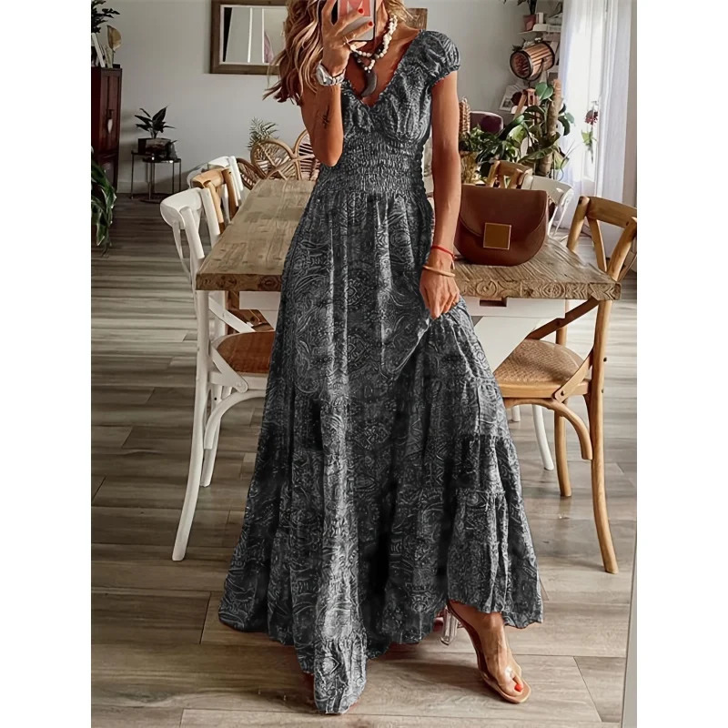 Boho floral print ruffle neck long dress-WOMENS summer swing dress 240529