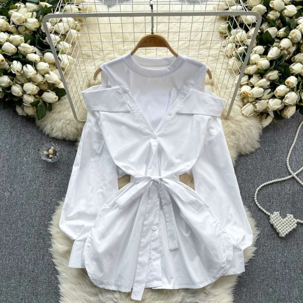 Chic Design Fake Two Shirts Womens Style Round Neck Contrast Panel Off Shoulder Long sleeved Top Womens