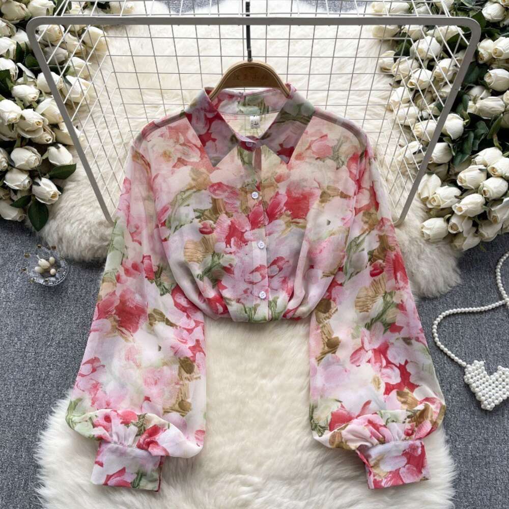 Spring Shirt Womens 2024 New Spring Thin Design with Printed Chiffon Shirt Fashionable and Versatile Top Womens Fashion