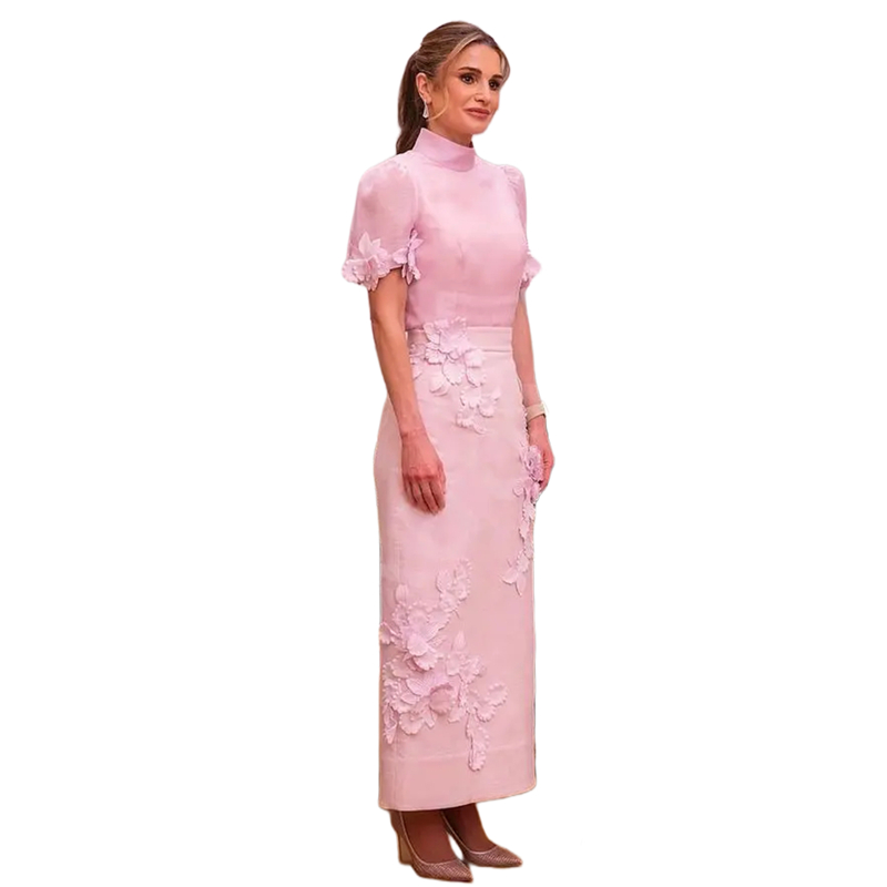 Elegant Pink Mother of the Bride Dresses 3D Floral Appliques High Neck Ankle Length Formal Event Gowns Celebrations Memorable Wedding Guest Party Dres