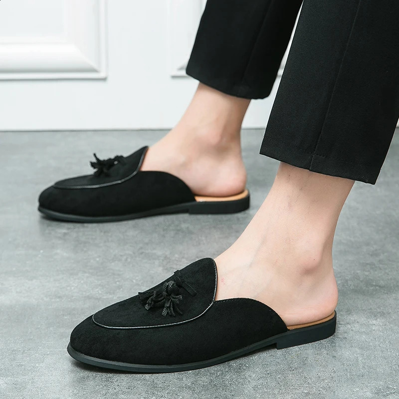 Men Green Black Half Slippers Driving Shoes Casual Patent Leather Suede Mules Moccasins Breathable Loafers atos Hombre 240606