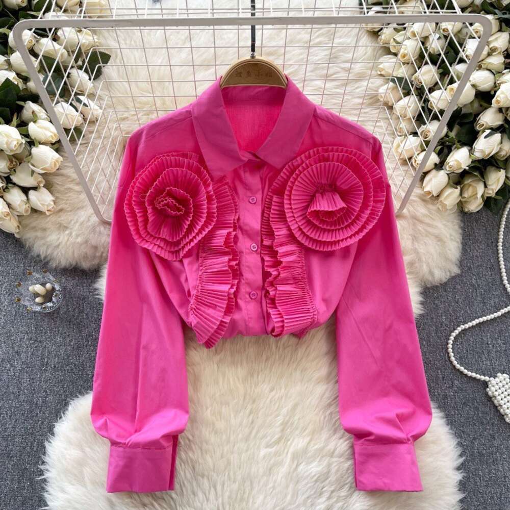 European style shirt womens design with pressure pleats three-dimensional floral and ruffled edges loose and slimming and versatile bubble sleeve top 