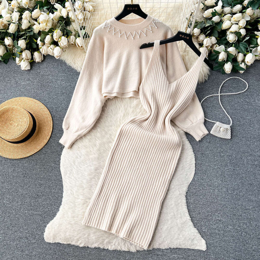 Autumn and Winter French Light Luxury High Grade Loose Knitted Round Neck Top+Strap Dress Two Piece Set for Women