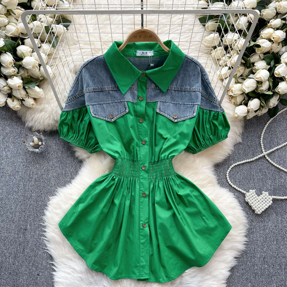 Korean version of womens clothing design with contrasting color patchwork age reducing bubble sleeves elastic waistband for slimming fashionable and v