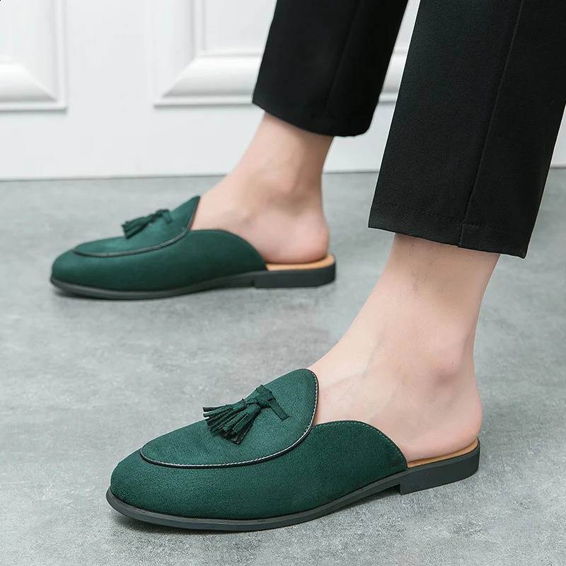Men Green Black Half Slippers Driving Shoes Casual Patent Leather Suede Mules Moccasins Breathable Loafers atos Hombre 240606