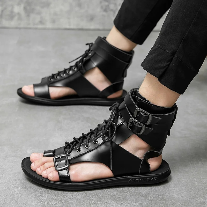 Summer Men Gladiators Lace Up Buckle Leather Casual Shoes Breathable Beach Sandals Outdoor Slippers Black White Plus Size 240606