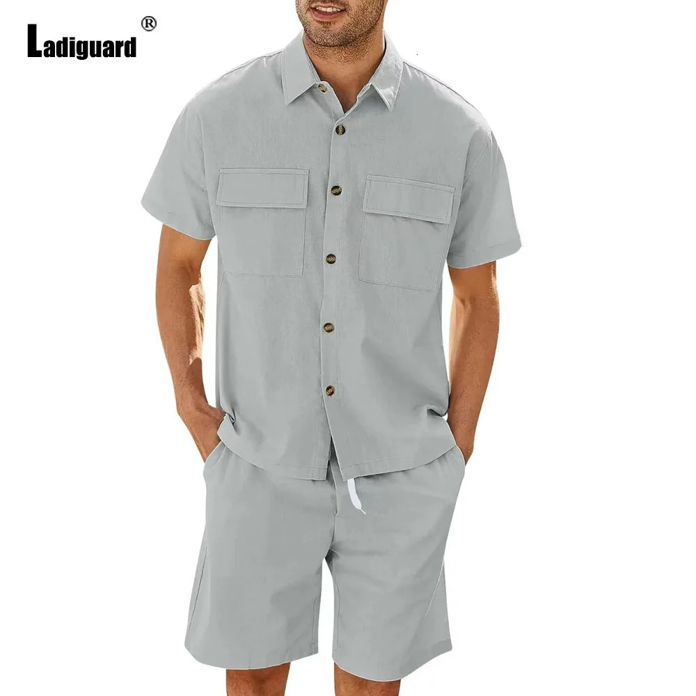 Mens Stand Pocket Casual Linen Two Piece Sets European Style Vintage Cargo Blouse and Shorts Suit Men Beach Tracksuits Set 240530