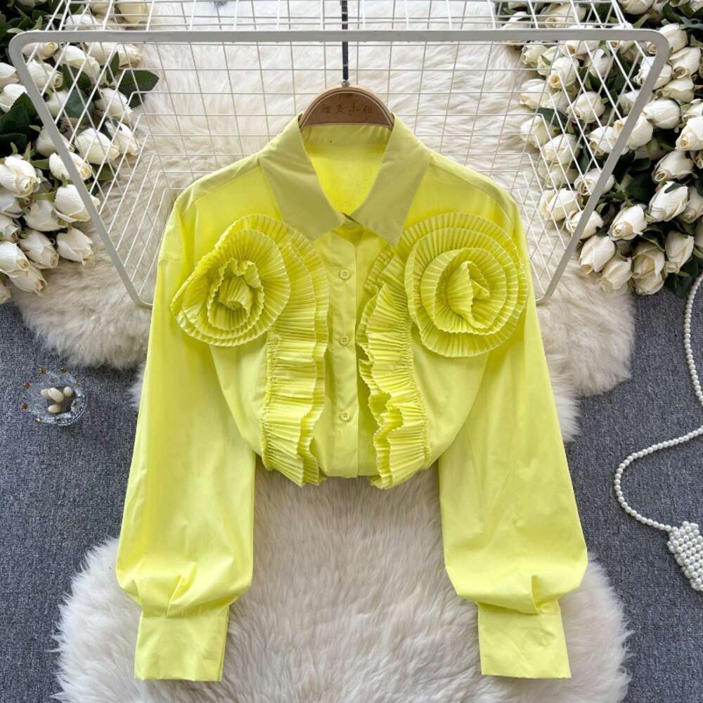 European style shirt womens design with pressure pleats three-dimensional floral and ruffled edges loose and slimming and versatile bubble sleeve top 