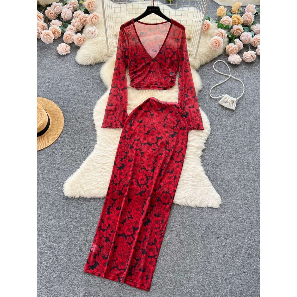 Instagram style sexy low cut long sleeved transparent short top+high waisted slimming fashionable printed skirt set