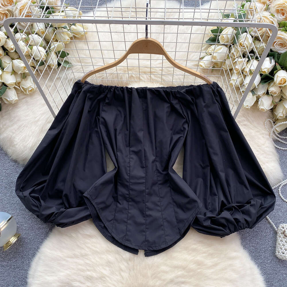 High end European style shirt womens design lantern sleeves heavy-duty pleated slim fit sexy one line collar off the shoulder top womens design