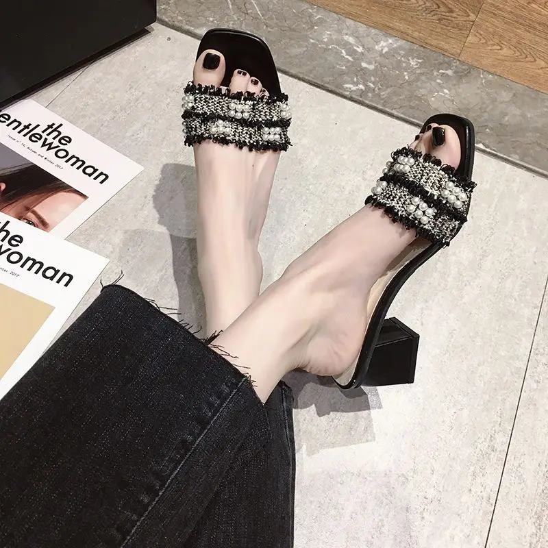 Summer White Crystal Shoes Rhinestone Slippers Work Jewelry Womens Slippers and Womens Sandals Up to 5cm High Heel Sexy Shoes I 240606