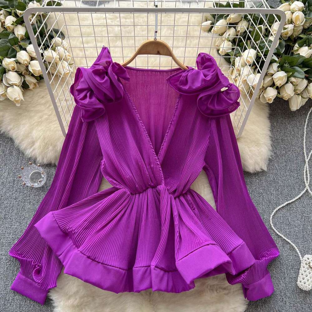 Fashionable spring and autumn new design temperament three-dimensional flower ruffle pleated V-neck pullover shirt woman