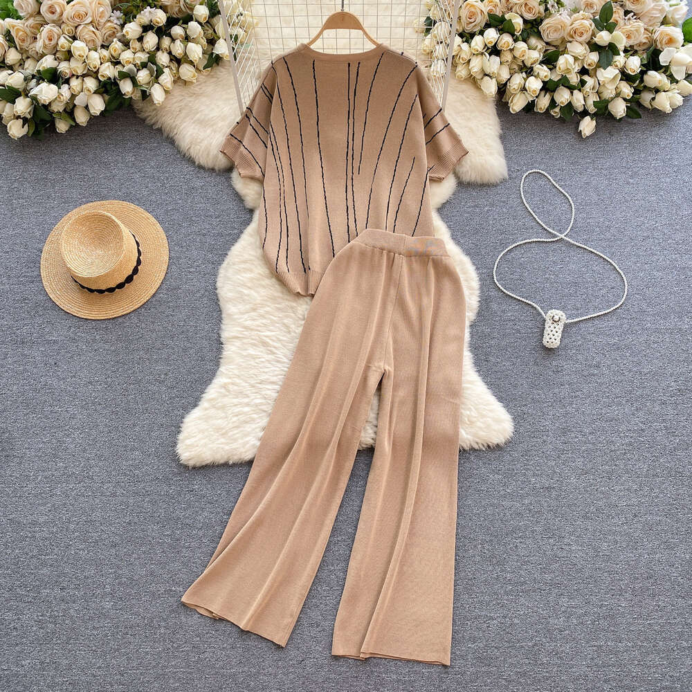 Korean version of womens clothing design with striped knit top loose coverage slimming effect high waisted wide leg pants fashionable two-piece set