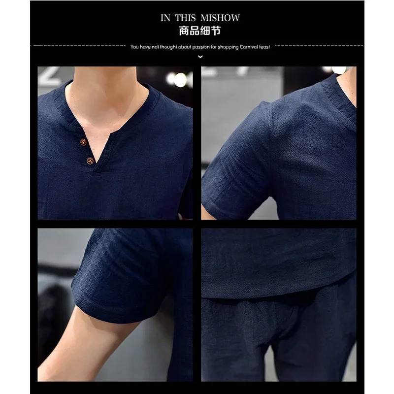 Summer Linen Short Sleeved Comfortable T-shirt for Mens Solid Color V-neck Chinese Style Fashion Casual Set 240530