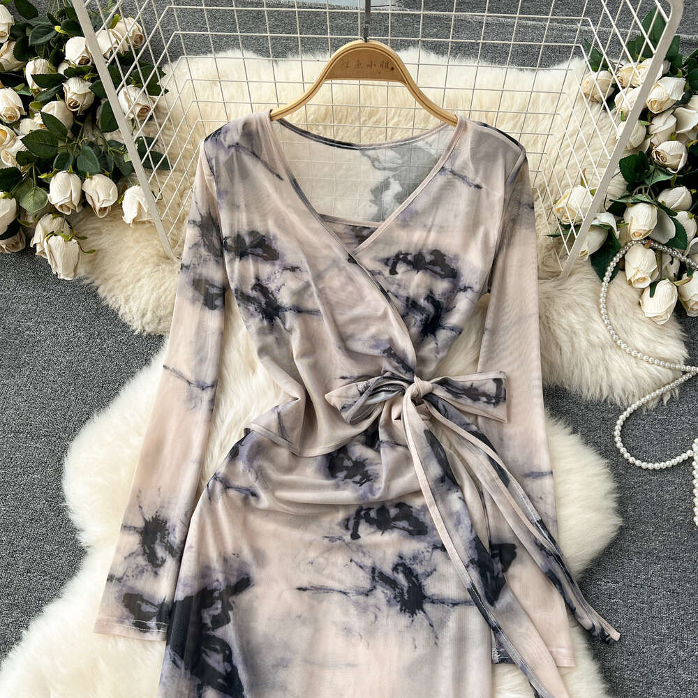 Elegant and sophisticated French style Western style suspender wrap hip skirt two-piece set for womens sexy lace up slim fit mesh dress