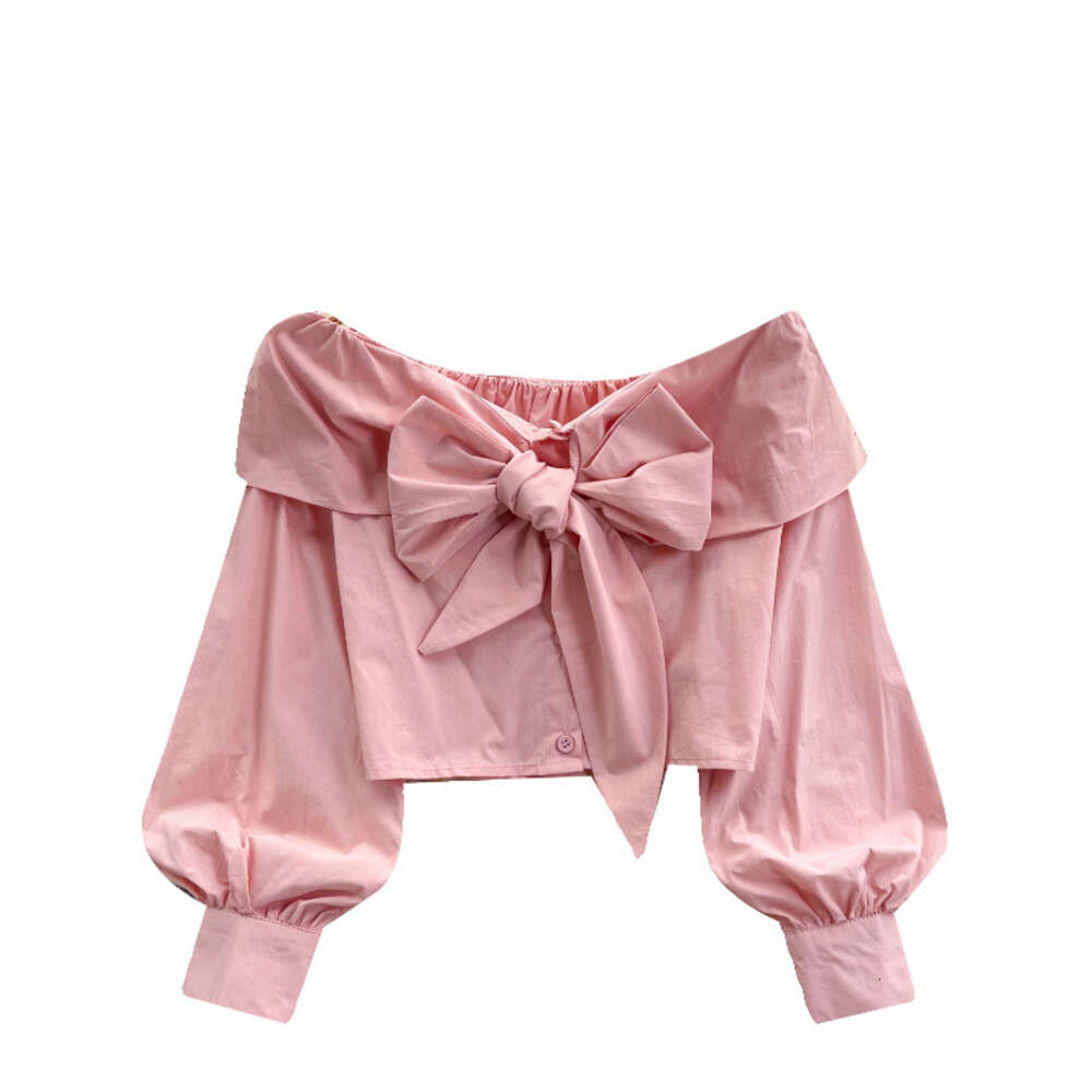 French light luxury style with a sense of luxury one shoulder shirt womens bow lantern sleeves short design niche temperament top
