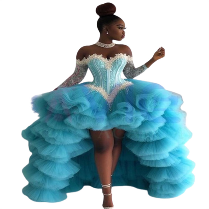 Luxury High Low Prom Dresses For Black Women Elegant Off Shoulders Long Sleeve Blue Evening Dress Aso Ebi Dance Birthday Dress Lace Tiered Ruffles For