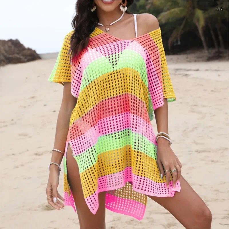 Beach Bath Exits Women Dress Swimsuit Ladies Fashion Color Stripes Hollow Shirt Stripe Polyester Swimwear Cover Up Tunic