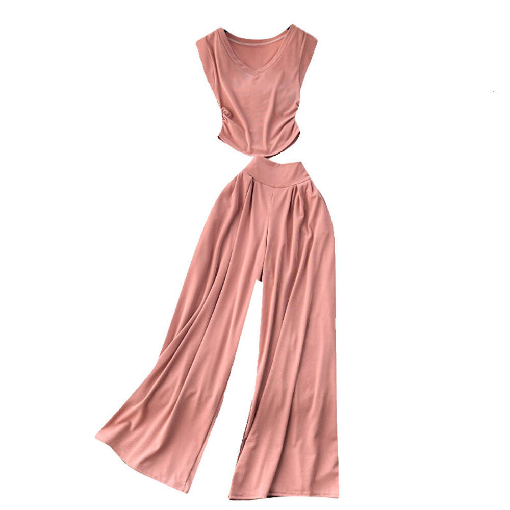 Chic Casual Set Womens Mind Machine Pleated Waist Short Top Versatile High Waist Wide Leg Pants Two Piece Set Trendy