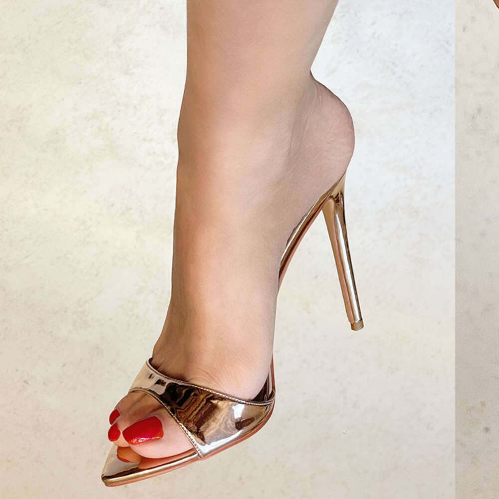 Onlymaker Women Peep Toe Mules Gold Slip On Thin High Big Size Classic Fashion Lady Sandals