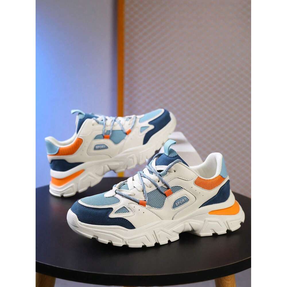 Men's Double Lace-up Unique Front Tie Design Peculiar Color Blocking Thick Bottom Chunky Sneakers