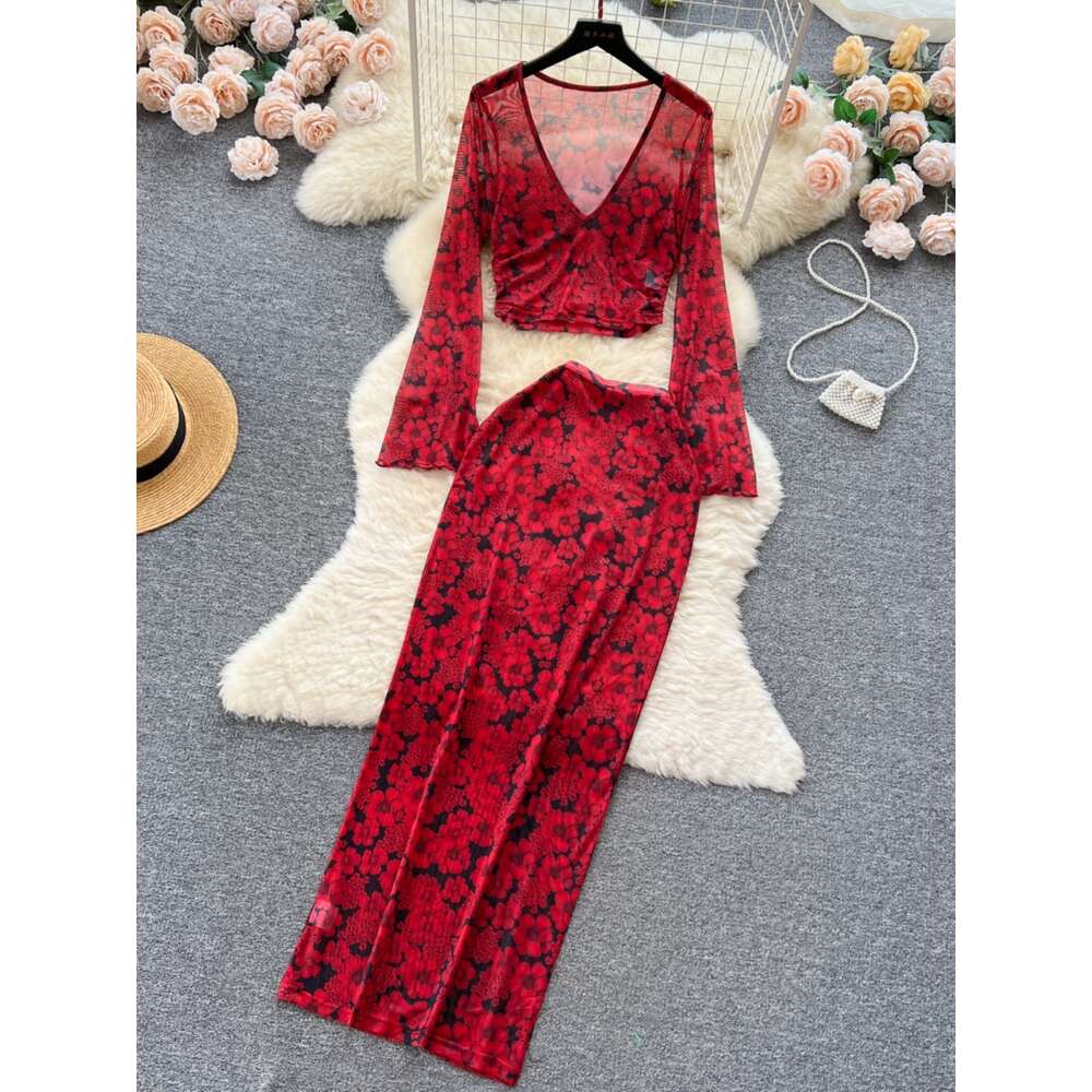 Instagram style sexy low cut long sleeved transparent short top+high waisted slimming fashionable printed skirt set