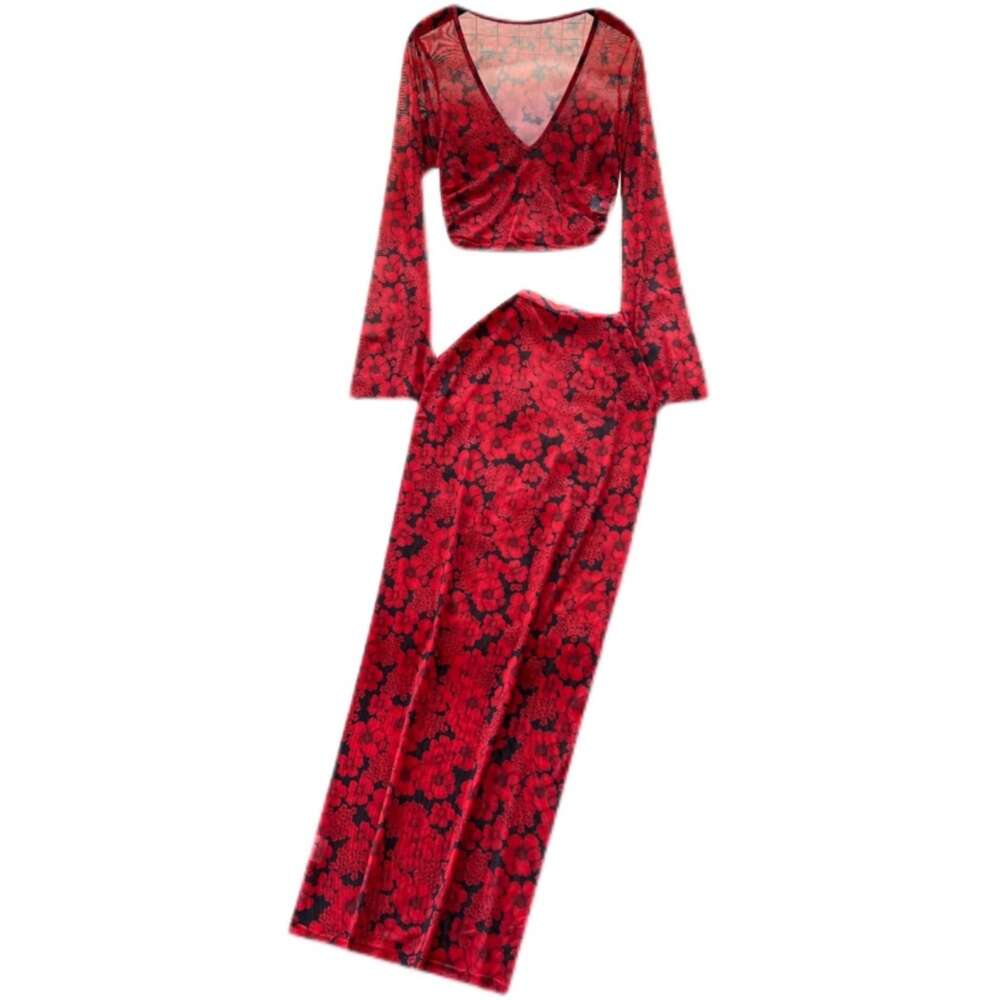 Instagram style sexy low cut long sleeved transparent short top+high waisted slimming fashionable printed skirt set