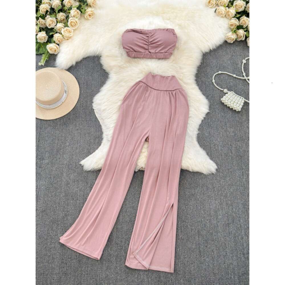 Fashion Set Womens Spicy Girl Style Printed Short Naked Bra T-shirt Set of Two Casual High Waist Slimming Wide Leg Pants