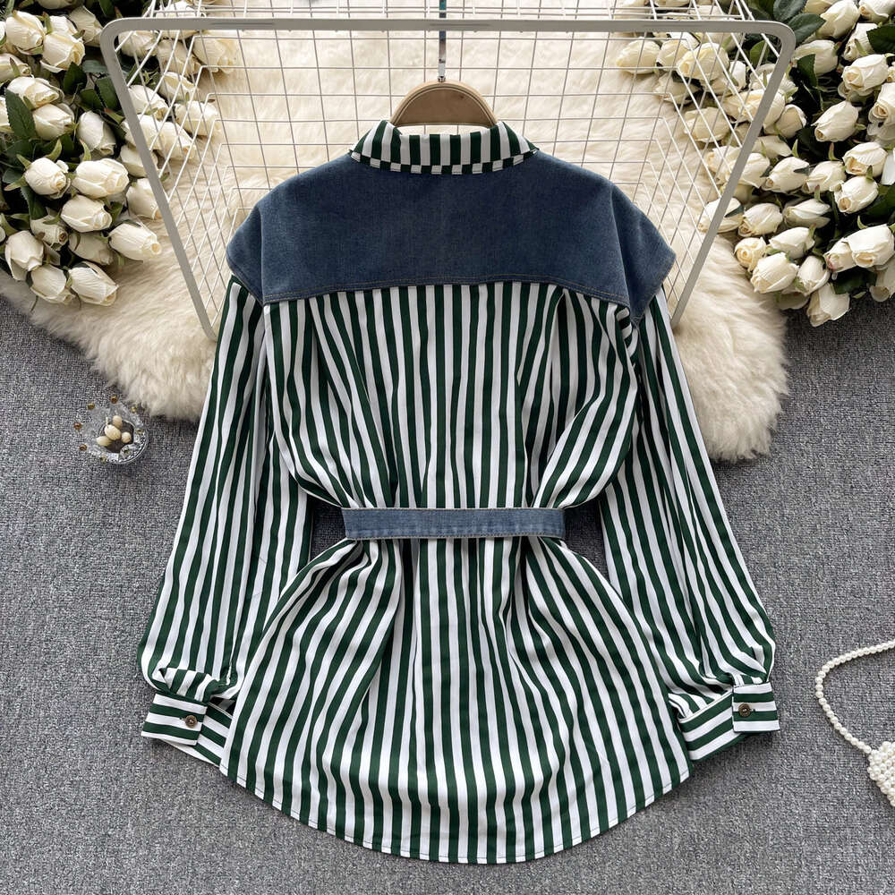 Fashionable Long Sleeve Fake Two Piece Top Womens Lace Up Waist Relaxed Loose Versatile Denim Spliced Striped Shirt