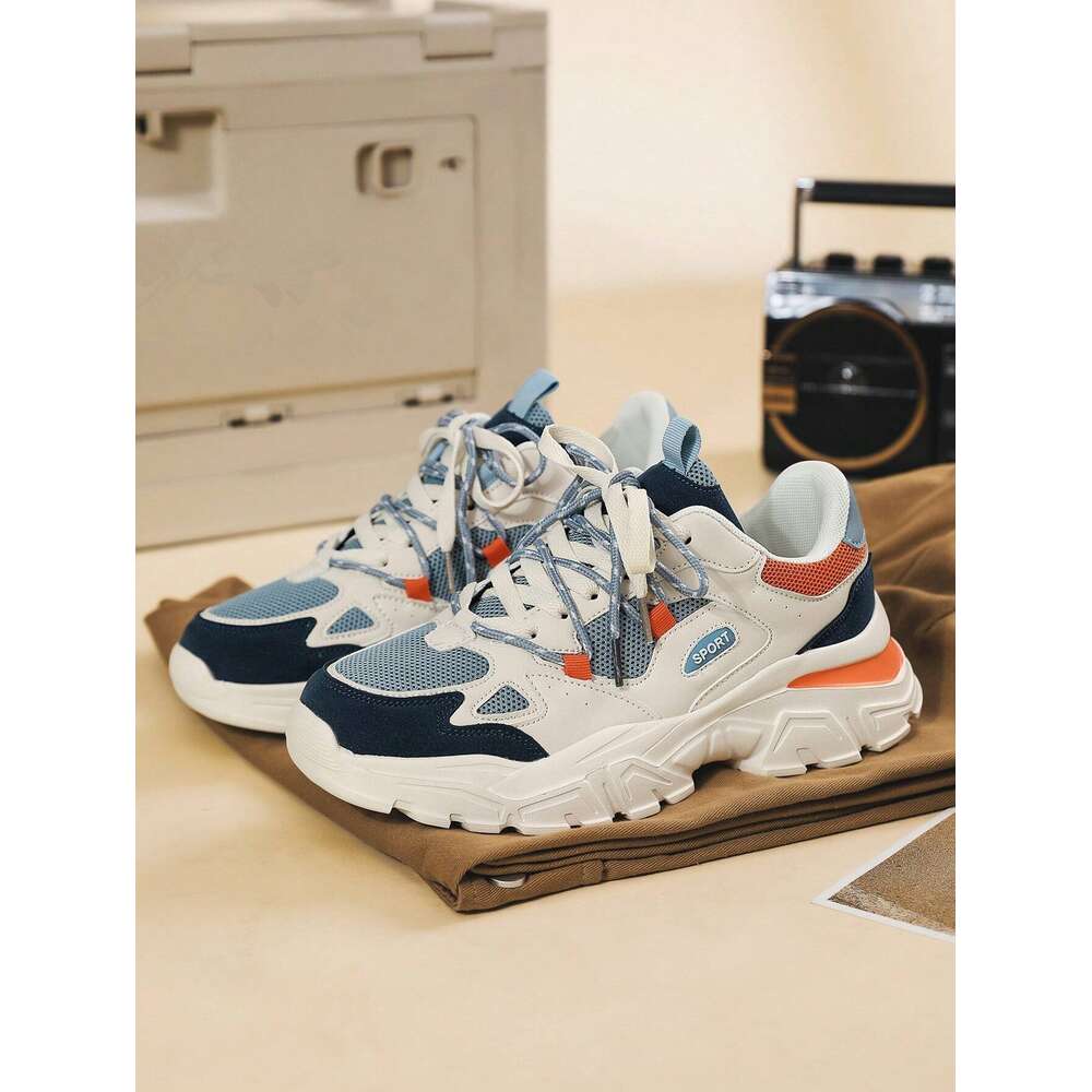 Men's Double Lace-up Unique Front Tie Design Peculiar Color Blocking Thick Bottom Chunky Sneakers