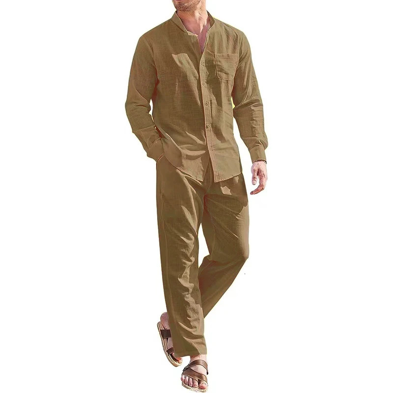 Casual Cotton Linen Men Two Piece Set Autumn Solid Color Long Sleeve Shirt And Long Pant Set Holiday Beach Loose Mens Outfits 240530