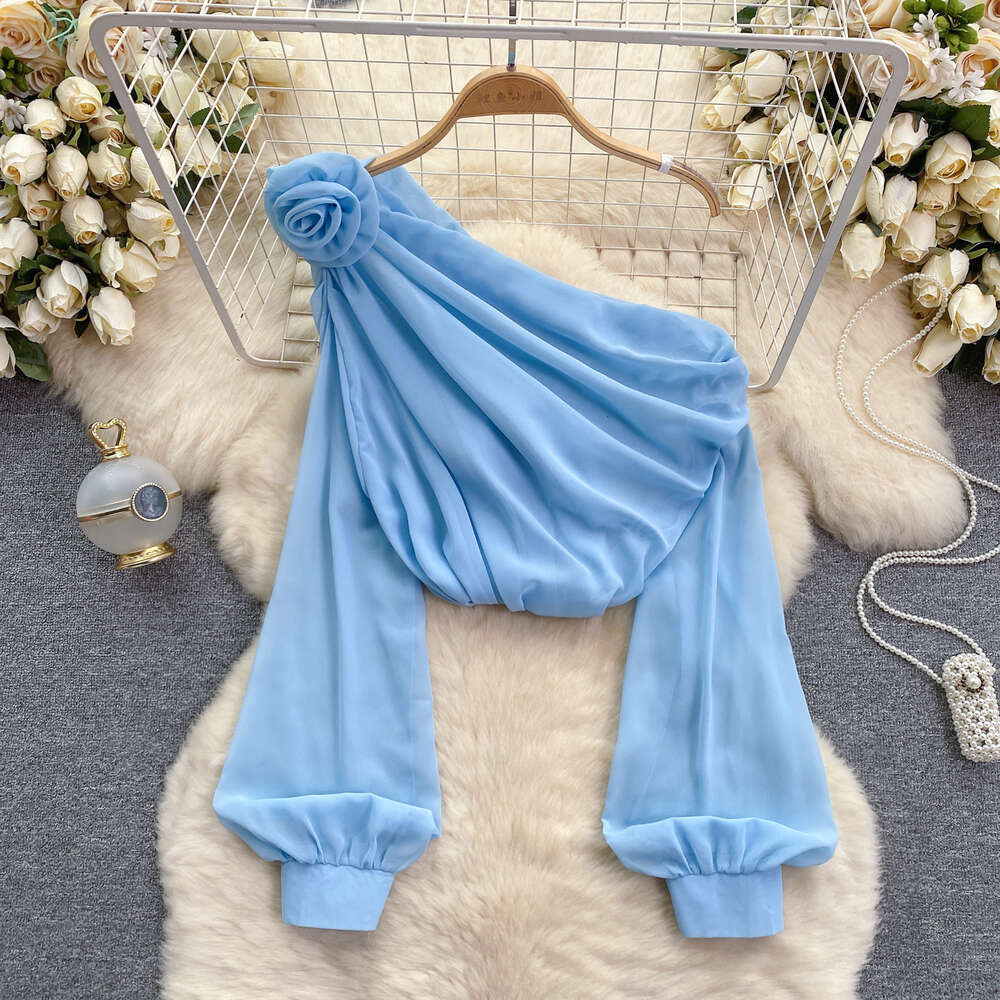 Chiffon shirt for women in 2024 new design sense three-dimensional flower diagonal collar off shoulder bubble sleeve French top womens spring fashion 