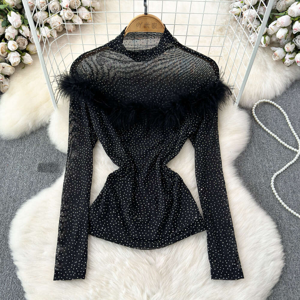 Fashionable and sexy long sleeved stand up collar with fur splicing slim fit with diamond mesh T-shirt womens fashion bottom top