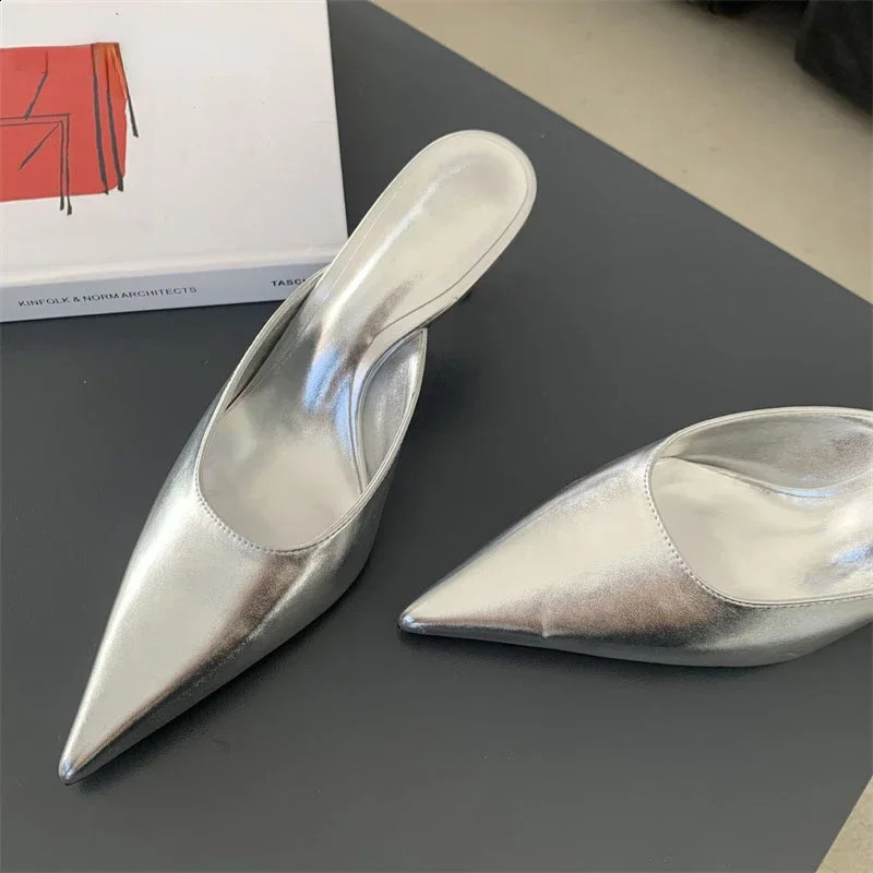 2024 Pointed Fine Heel Slippers Female High Heel Non-slip Women Thin Bottom Shallow Mouth Half Slippers Package Head Sandalias 240606