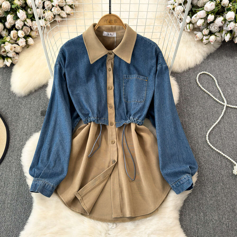 2024 Spring and Autumn Korean version fake two-piece long sleeved denim patchwork lapel waist tied shirt womens casual and stylish top