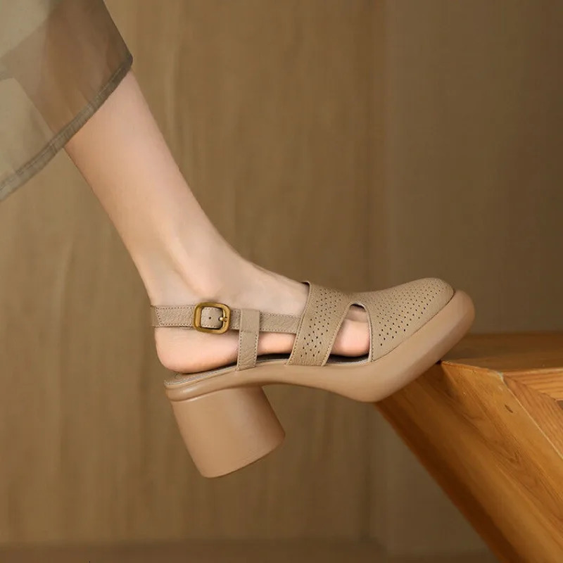 Comfortable Womens Sandals Mary Jane Heels Ladies Moccasins Mid Heel Summer Hollow Lace Women Sandals 240528