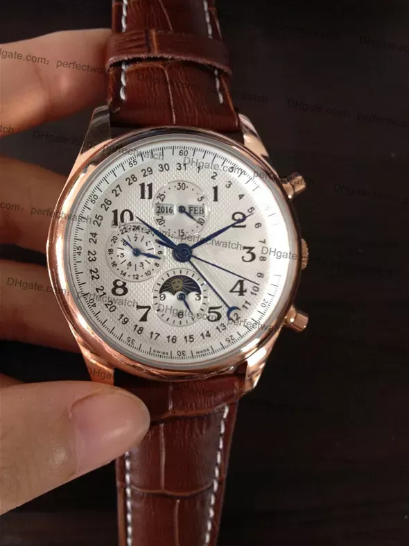 classic Man watch mechanical automatic watches for Men white dial brown leather strap male