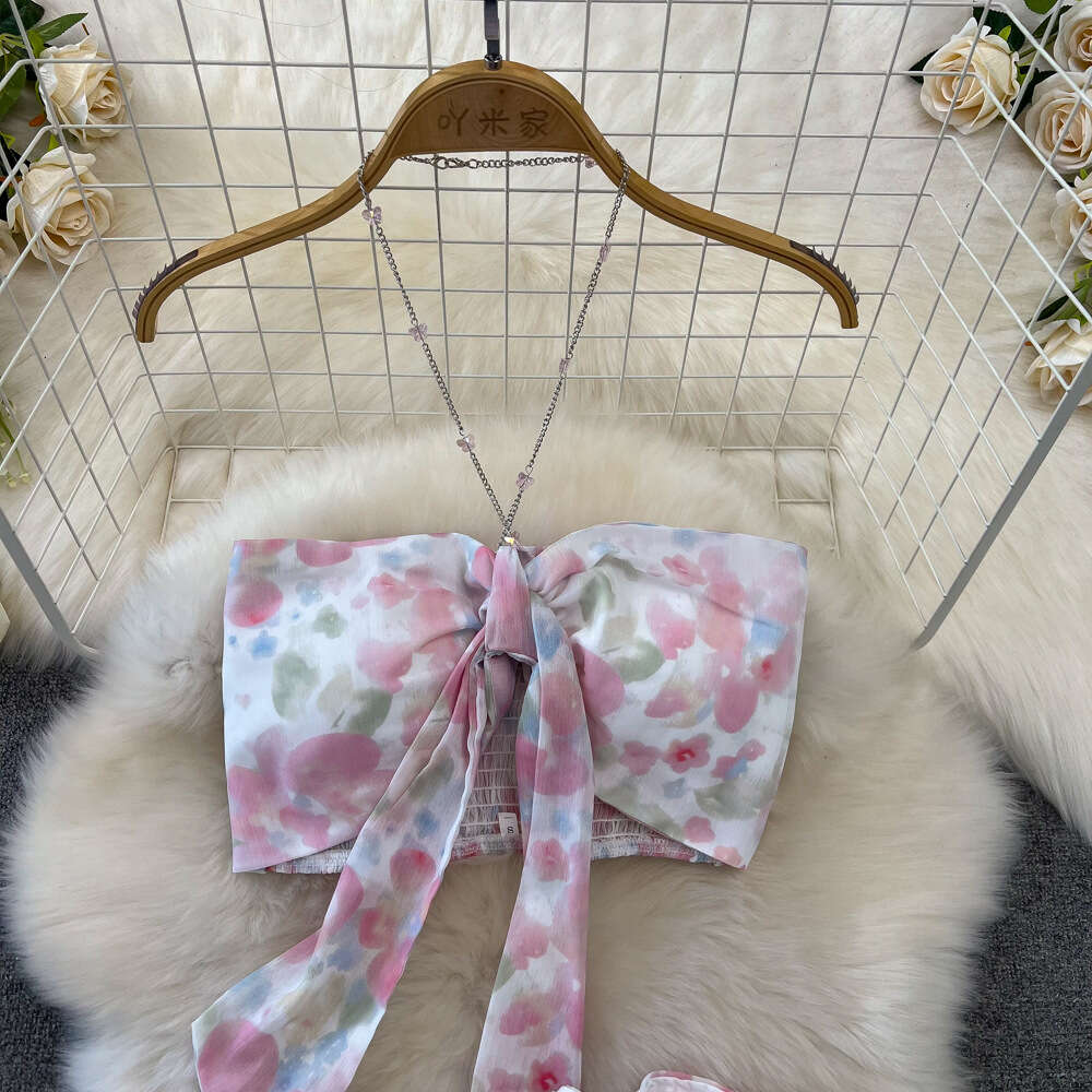 Fashionable set seaside vacation strapless camisole two-piece set high waisted wrap buttocks fishtail floral chiffon skirt
