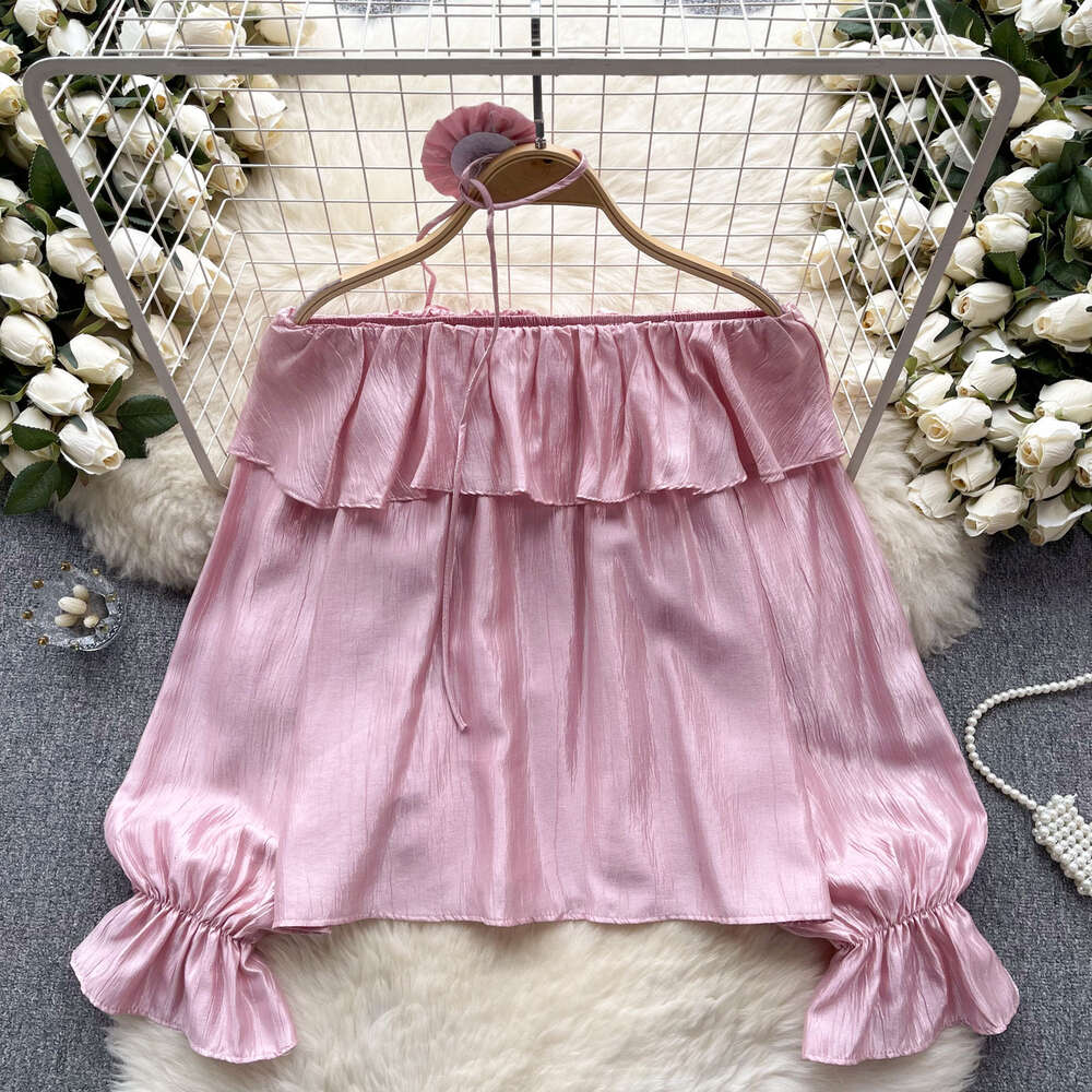 French Chiffon Shirt Womens Sweet Ruffle Edge One line Neck Off Shoulder Design with Three Dimensional Flower Bubble Sleeve Top Womens Spring