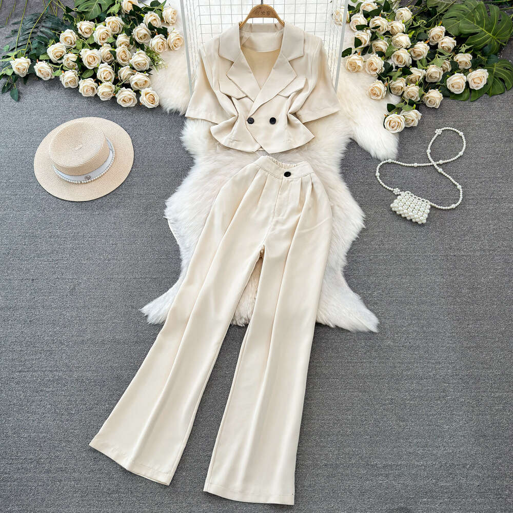 Fashion set womens Korean short sleeved suit collar slim fit short top two-piece high waisted straight leg wide leg pants