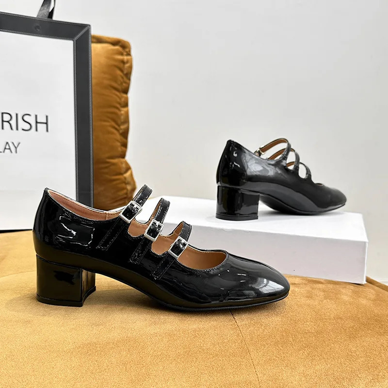 Square Heels Mary Jane Square Toe Med Heels Flats Spring/Autumn Solid Color Womens Shoes Buckle Fashion Womens Shoes 240606