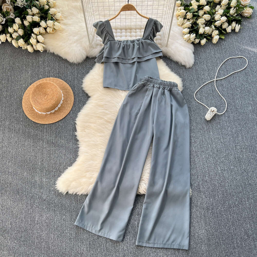 Korean style vacation style set for women with sweet flying sleeves ruffled top loose and slimming wide leg pants two-piece set