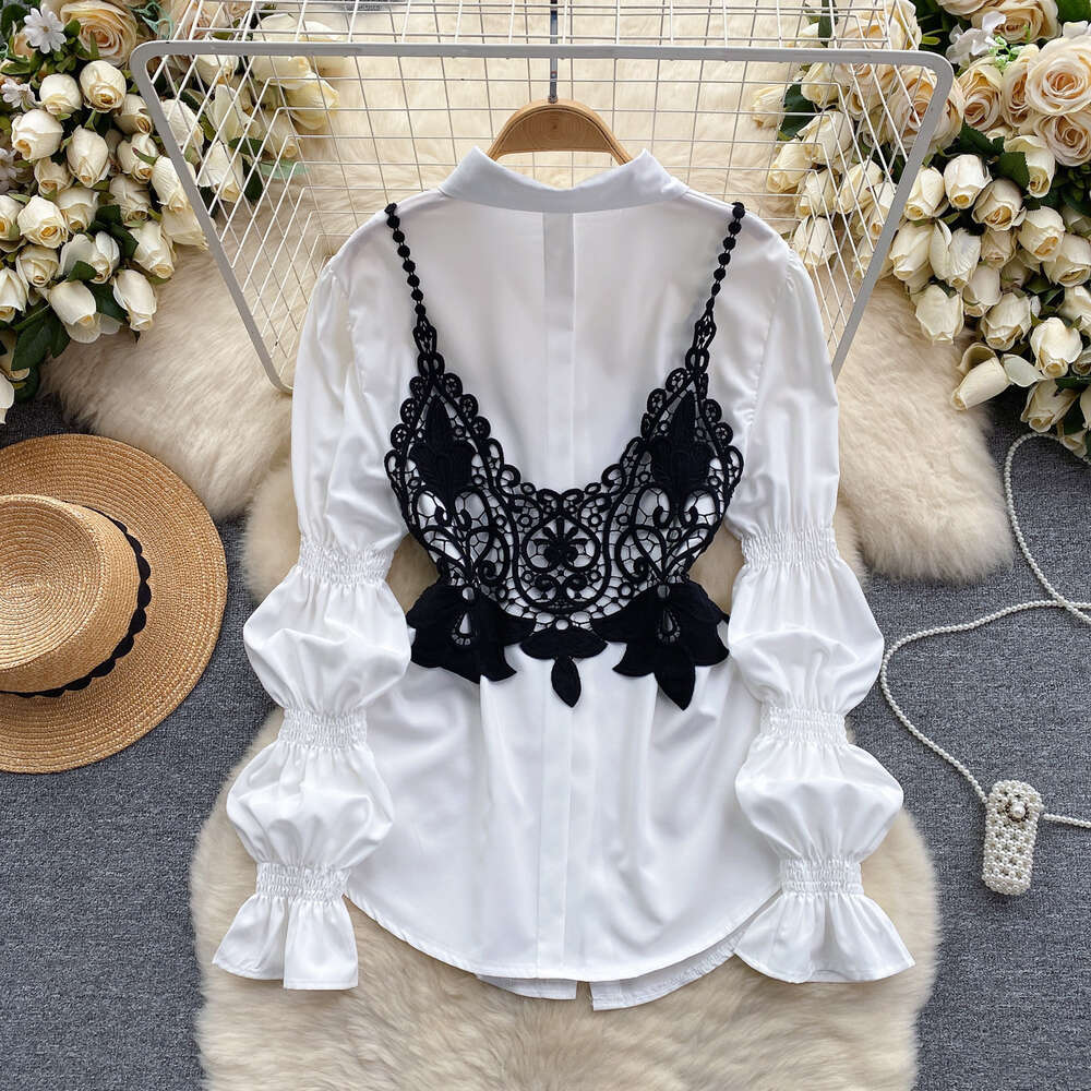 Chic crochet suspender vest fashionable and versatile with bubble sleeve shirt design two piece set