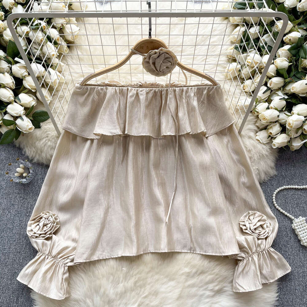 French Chiffon Shirt Womens Sweet Ruffle Edge One line Neck Off Shoulder Design with Three Dimensional Flower Bubble Sleeve Top Womens Spring